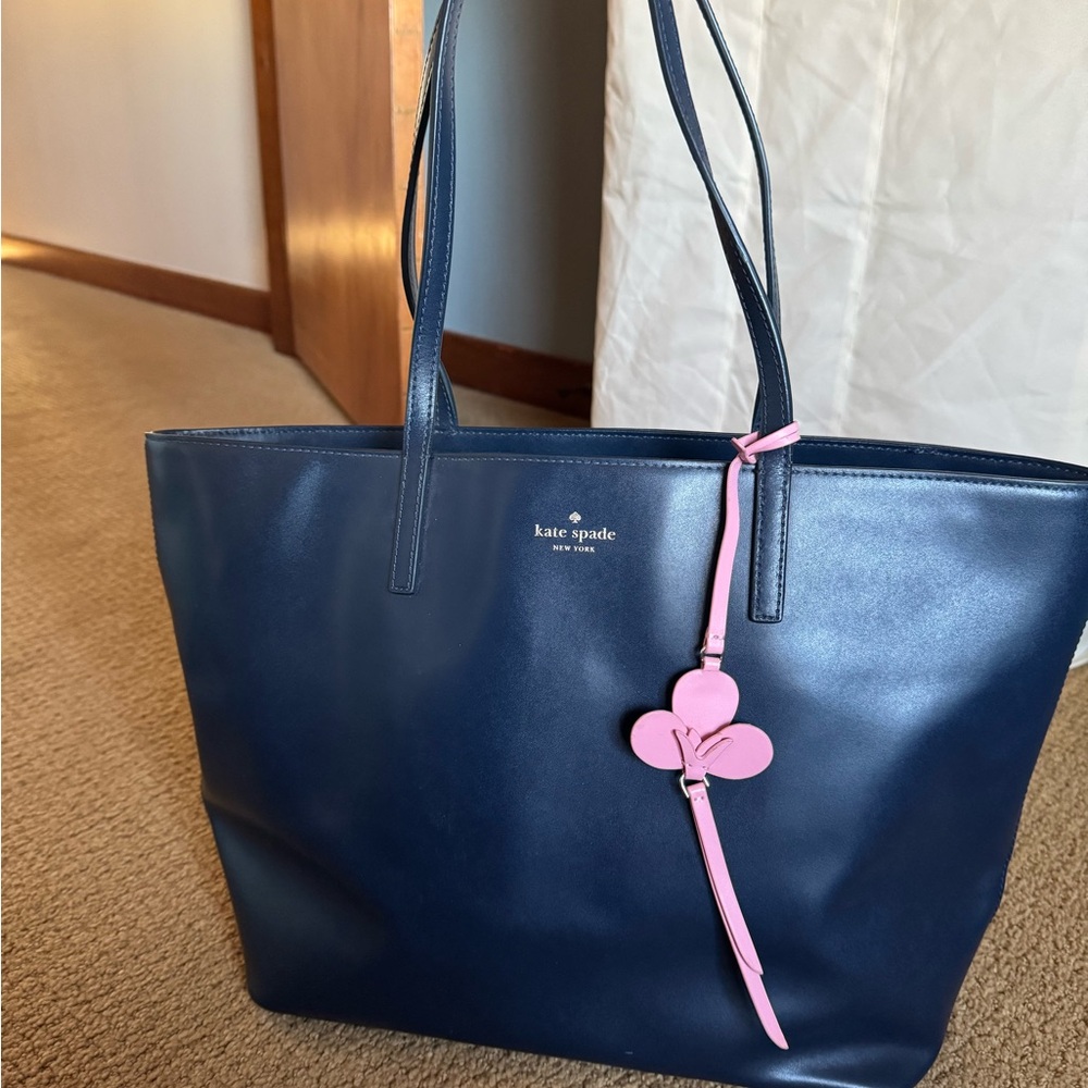 Kate Spade Navy Blue Tote Bag with Pink Charm